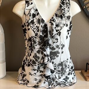 BCX Black & White Sleeveless Ruffle Front Lace Inset Top Size Small